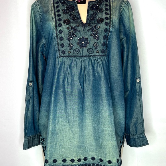 TANTRUMS EMBROIDERED V NECK JEWELED BIN LONG SLEEVE SHIRT MED - Picture 4 of 4